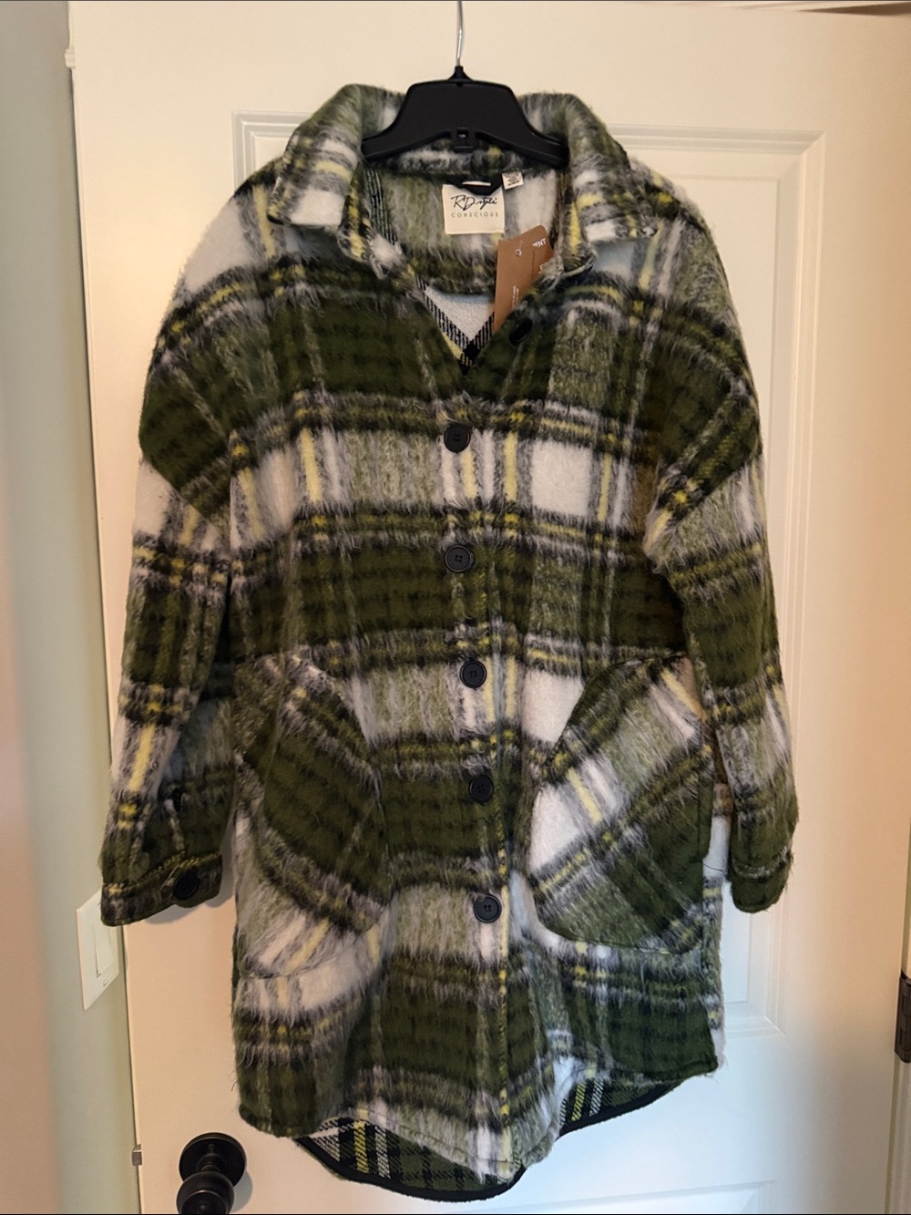 RD Style Olive Green White Plaid Jacket Coat